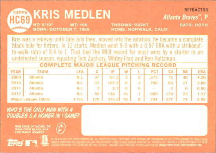 2013 Topps Heritage Chrome Purple Refractors #HC69 Kris Medlen back image