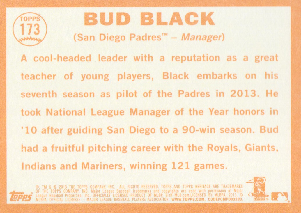 2013 Topps Heritage #173 Bud Black back image