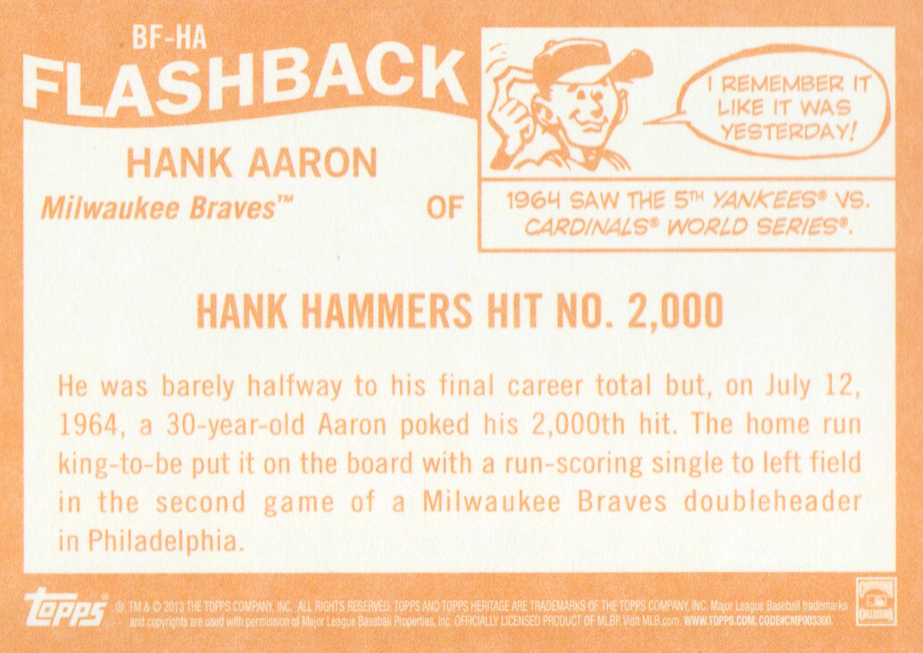 2013 Topps Heritage Baseball Flashbacks #HA Hank Aaron back image