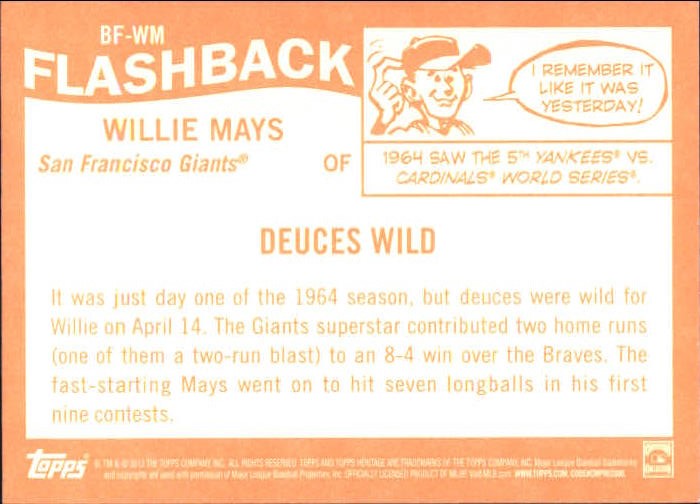 2013 Topps Heritage Baseball Flashbacks #WM Willie Mays back image
