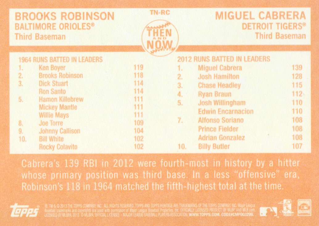 2013 Topps Heritage Then and Now #RC Brooks Robinson/Miguel Cabrera back image
