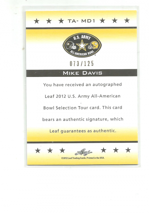 2012 Leaf Army All-American Bowl Tour Autographs Blue Ink #TAMD1 Mike Davis back image