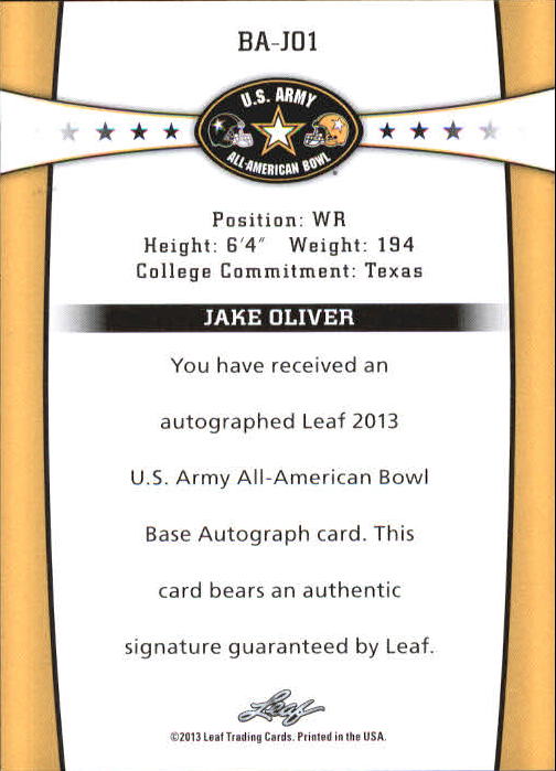 2013 Leaf Army All-American Bowl Black #BAJO1 Jake Oliver back image