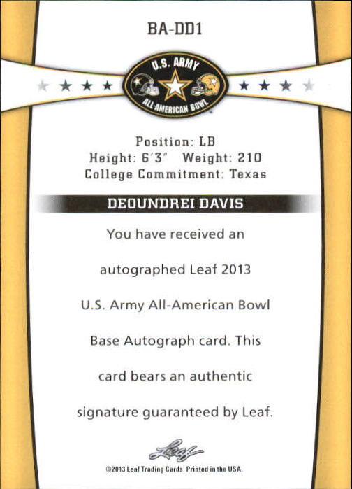 2013 Leaf Army All-American Bowl Gold #BADD1 Deoundrei Davis back image