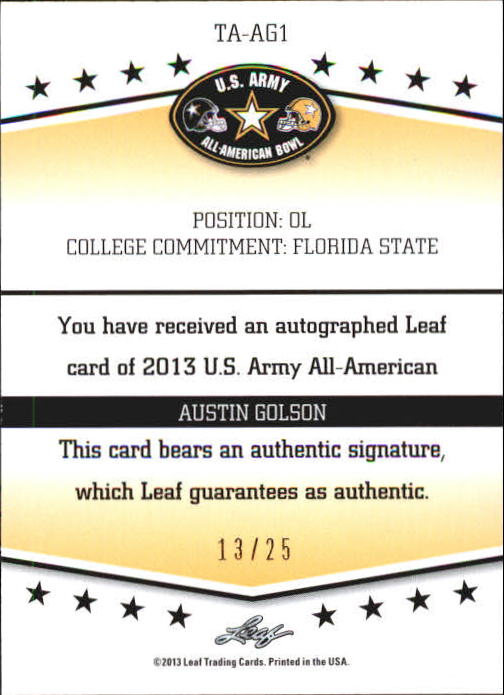 2013 Leaf Army All-American Bowl Tour Autographs Green Ink #TAAG1 Austin Golson back image