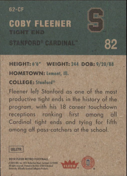 2012 Fleer Retro 1962 Fleer #62CF Coby Fleener back image