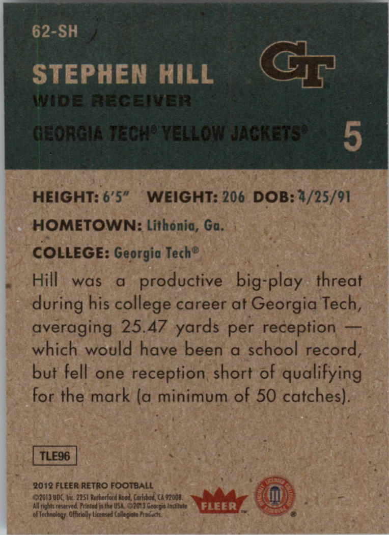 2012 Fleer Retro 1962 Fleer #62SH Stephen Hill back image