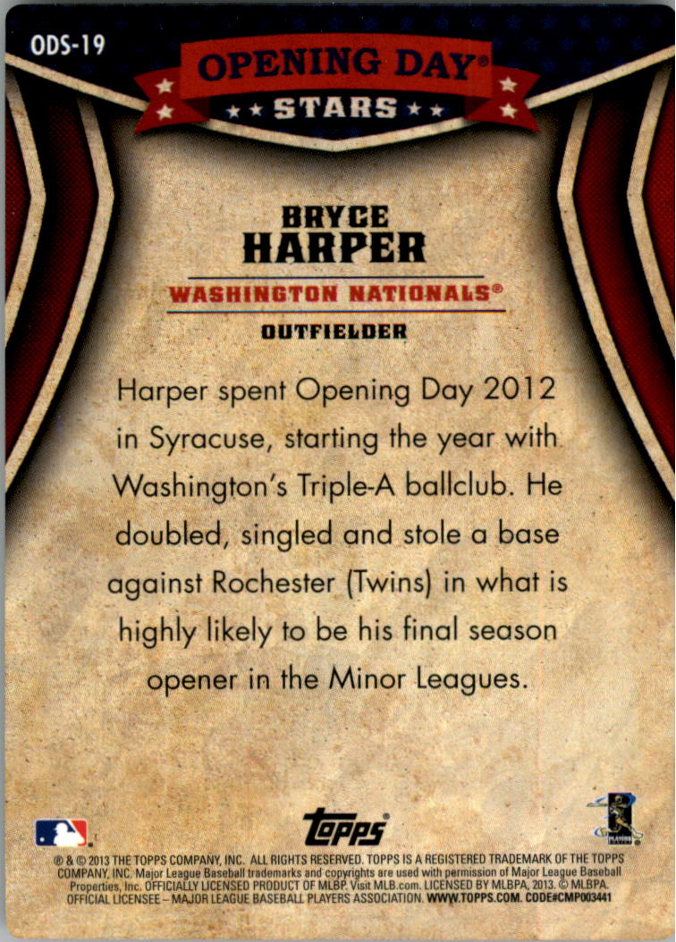 2013 Topps Opening Day Stars #ODS19 Bryce Harper back image