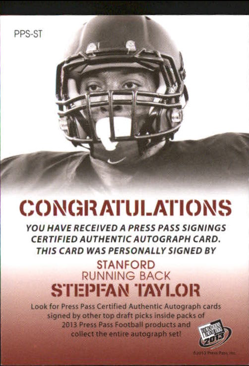 2013 Press Pass Autographs Silver #ST Stepfan Taylor back image
