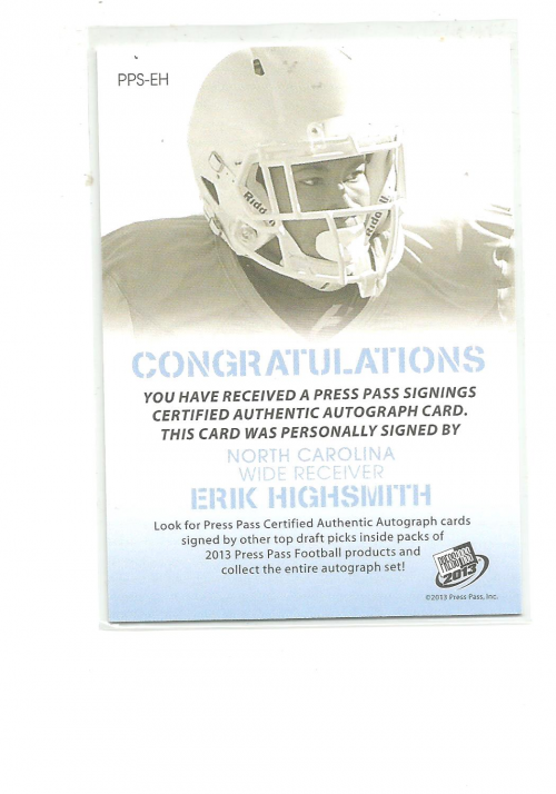 2013 Press Pass Autographs Bronze #EH Erik Highsmith/89 back image