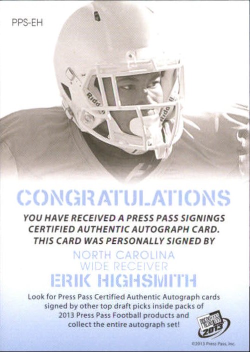2013 Press Pass Autographs Blue #EH Erik Highsmith/50 back image