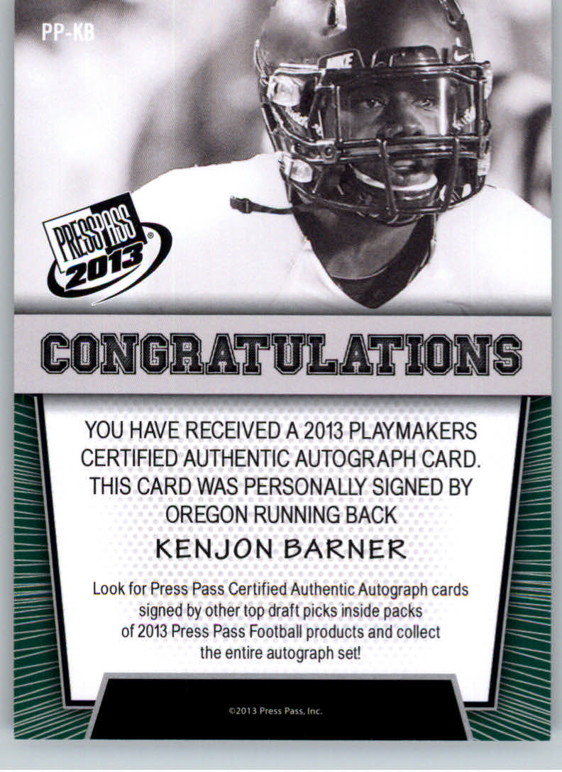 2013 Press Pass Playmakers Autographs Blue #KB Kenjon Barner back image