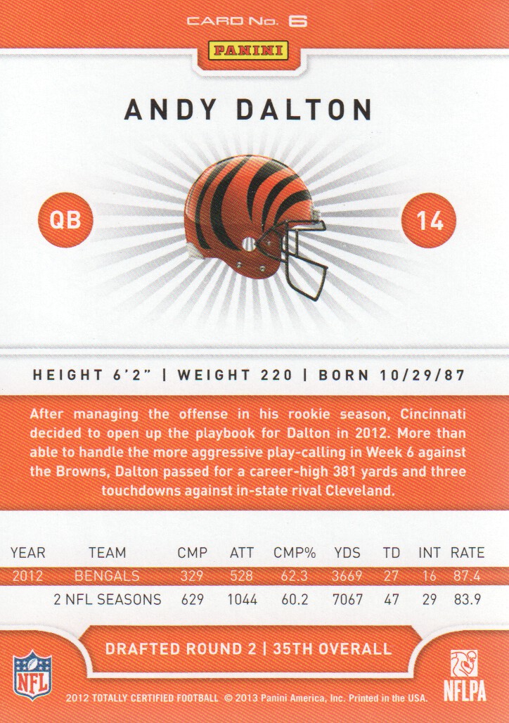 2012 Totally Certified #6 Andy Dalton back image