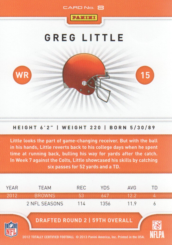 2012 Totally Certified #8 Greg Little back image