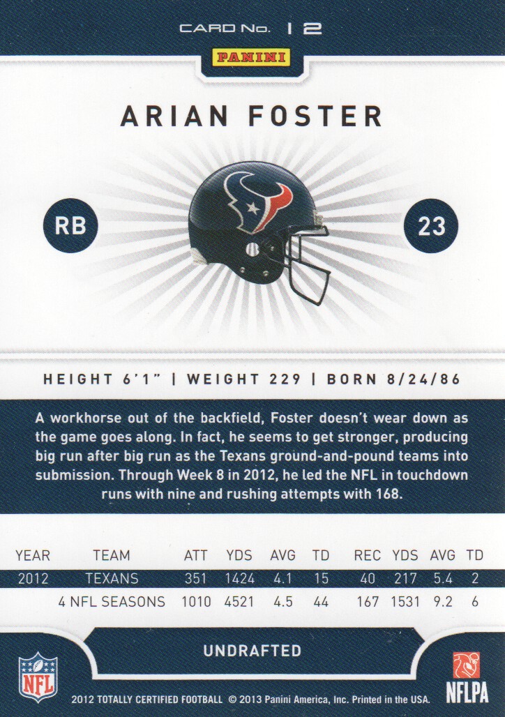2012 Totally Certified #12 Arian Foster back image