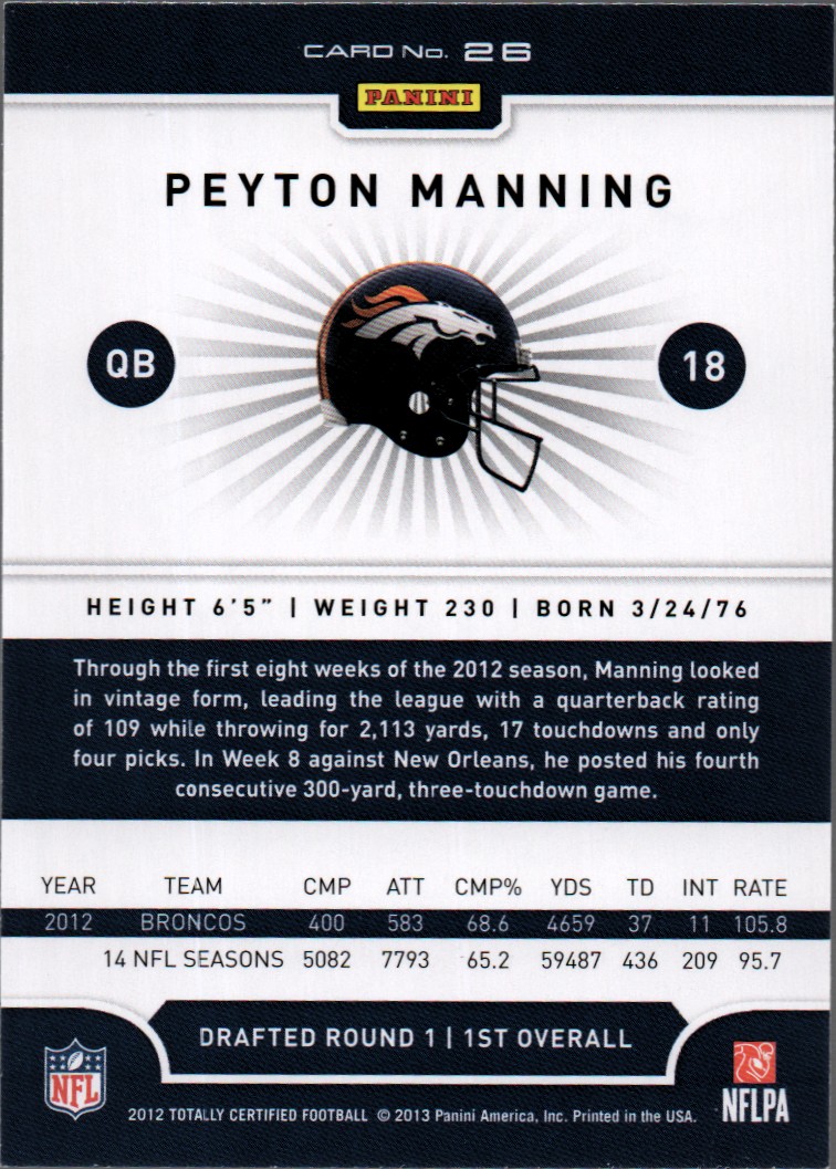 2012 Totally Certified #26 Peyton Manning back image