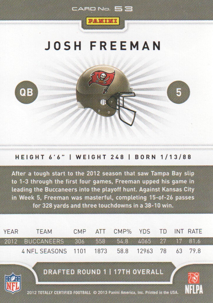 2012 Totally Certified #53 Josh Freeman back image