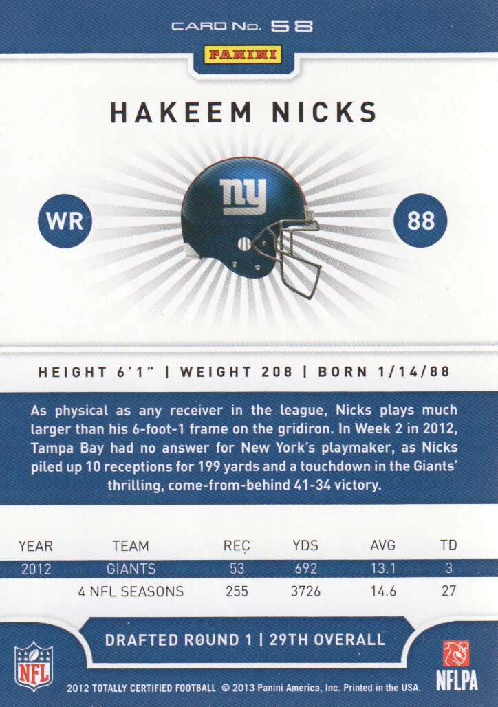 2012 Totally Certified #58 Hakeem Nicks back image