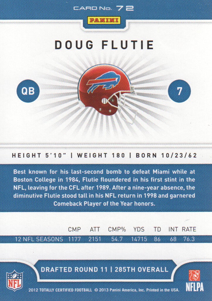 2012 Totally Certified #72 Doug Flutie back image