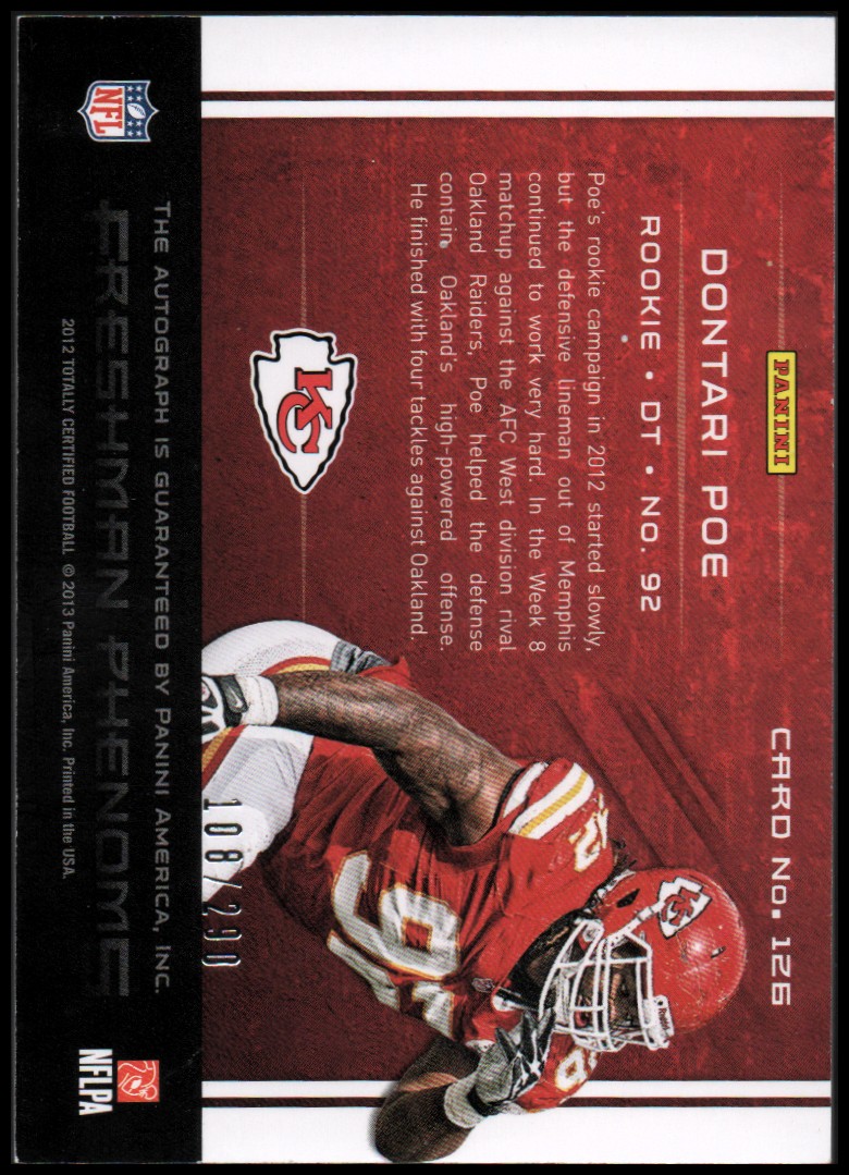 2012 Totally Certified #126 Dontari Poe AU/290 RC back image