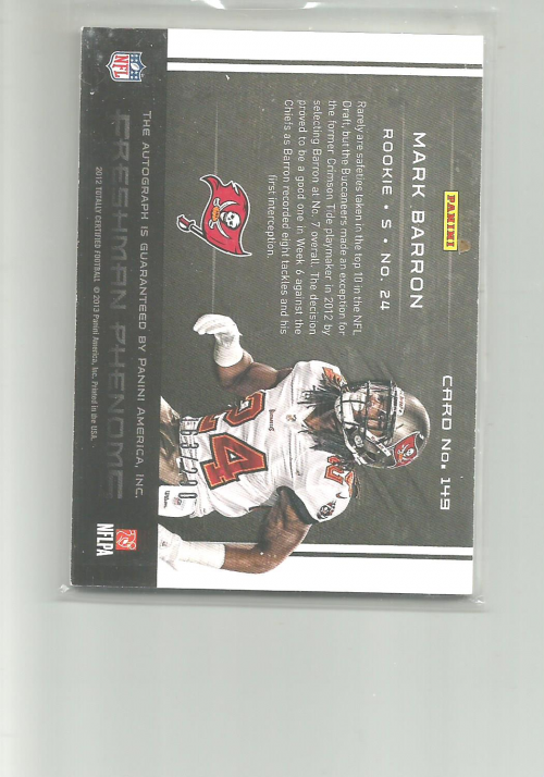 2012 Totally Certified #149 Mark Barron AU/290 RC back image