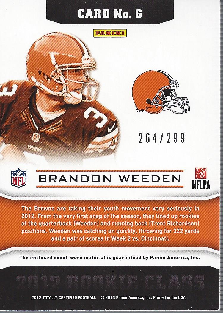 2012 Totally Certified Down and Dirty Materials #6 Brandon Weeden/299 back image