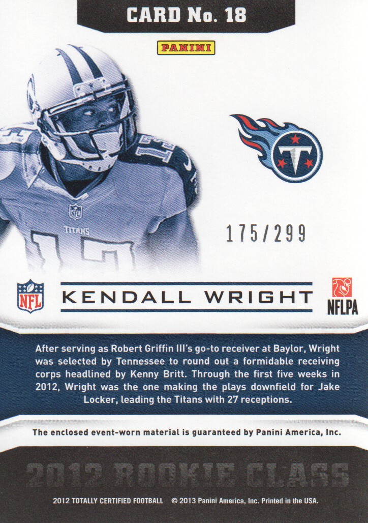 2012 Totally Certified Down and Dirty Materials #18 Kendall Wright/299 back image