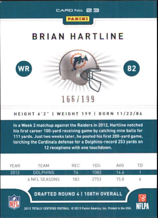 2012 Totally Certified Blue #23 Brian Hartline back image