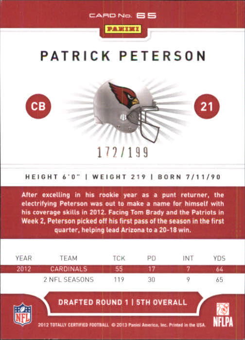 2012 Totally Certified Blue #65 Patrick Peterson back image
