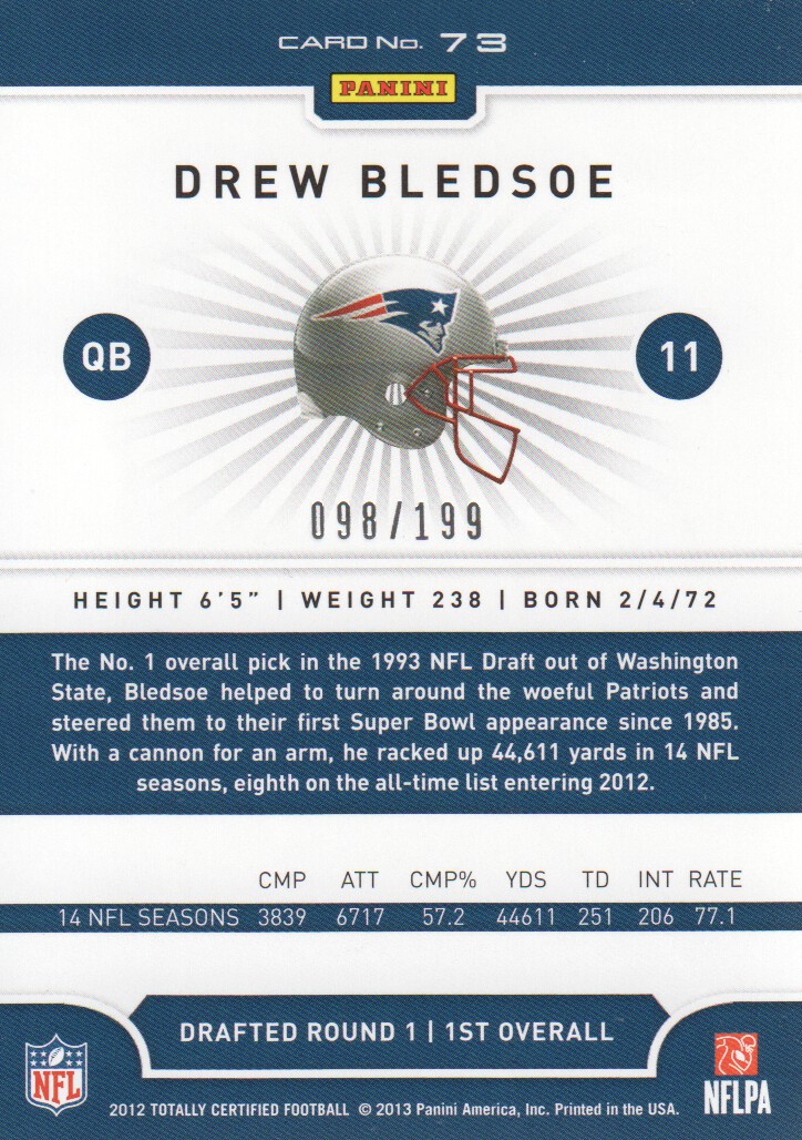 2012 Totally Certified Blue #73 Drew Bledsoe back image
