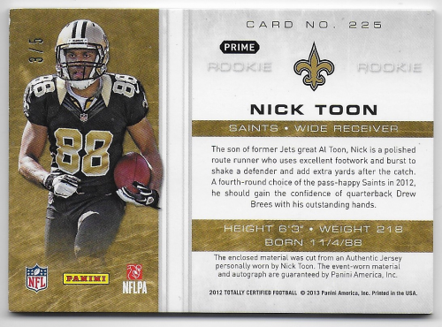 2012 Totally Certified Green #225 Nick Toon JSY AU back image
