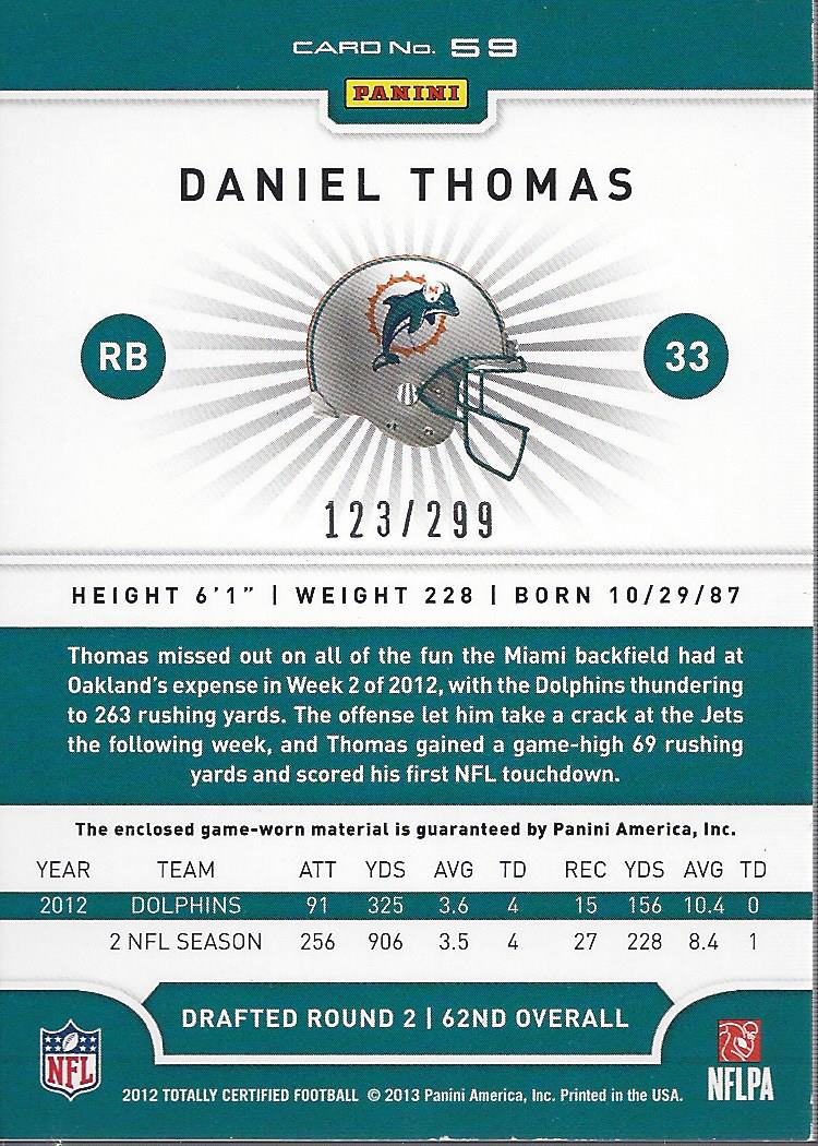 2012 Totally Certified Red Materials #59 Daniel Thomas/299 back image