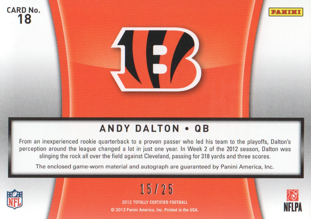 2012 Totally Certified Team Panini Material Autographs #18 Andy Dalton/25 back image