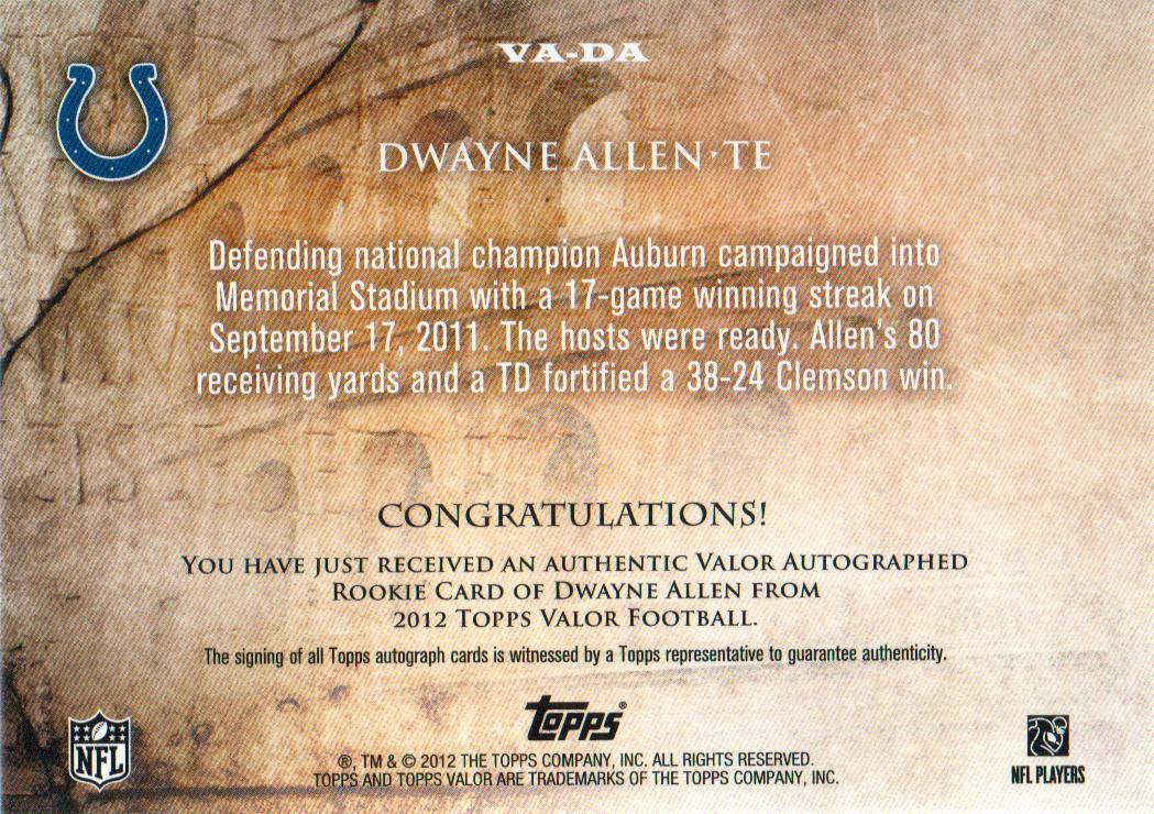 2012 Topps Valor Autographs #VADA Dwayne Allen/170 back image