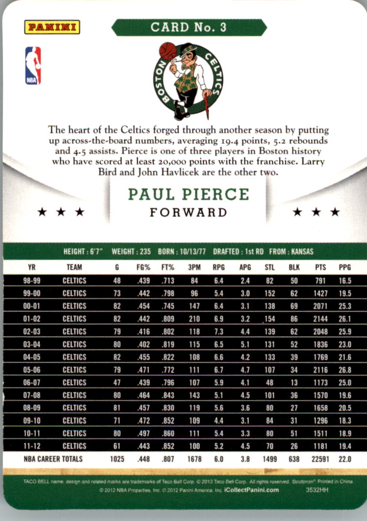 2012-13 Hoops Taco Bell #3 Paul Pierce back image