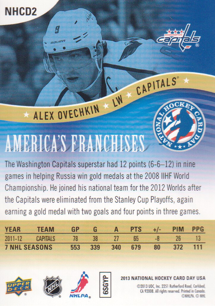 2012-13 Upper Deck National Hockey Card Day USA #NHCD2 Alexander Ovechkin AF back image