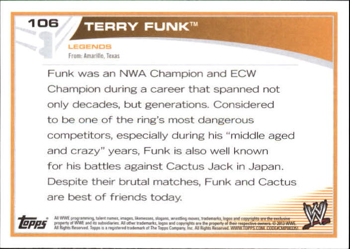 2013 Topps WWE #106 Terry Funk back image