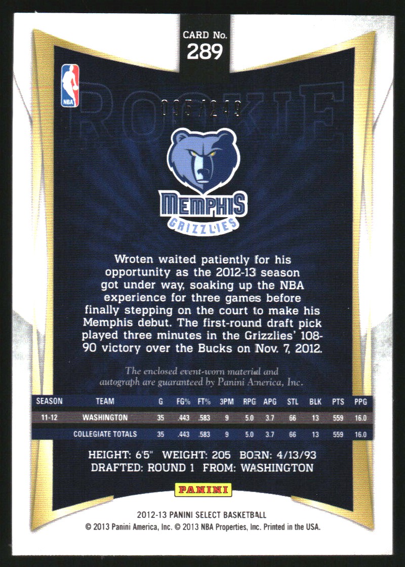 2012-13 Select #289 Tony Wroten JSY AU/249 RC