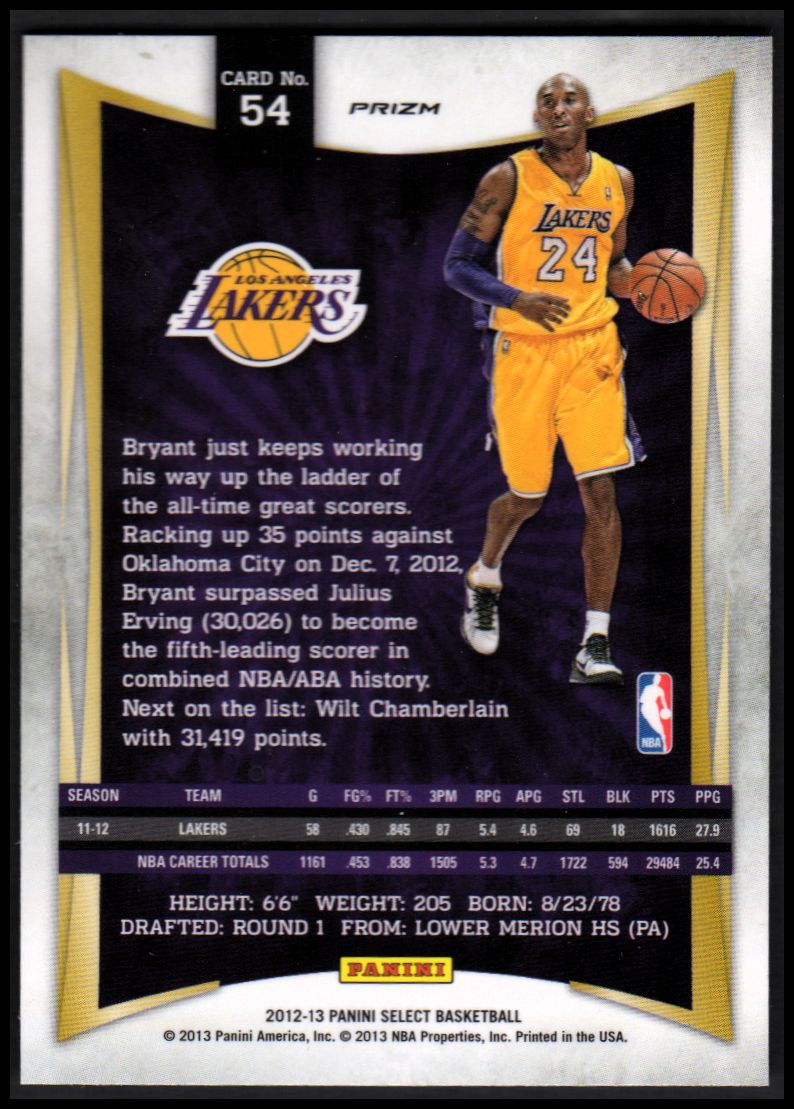 2012-13 Select Prizms #54 Kobe Bryant back image