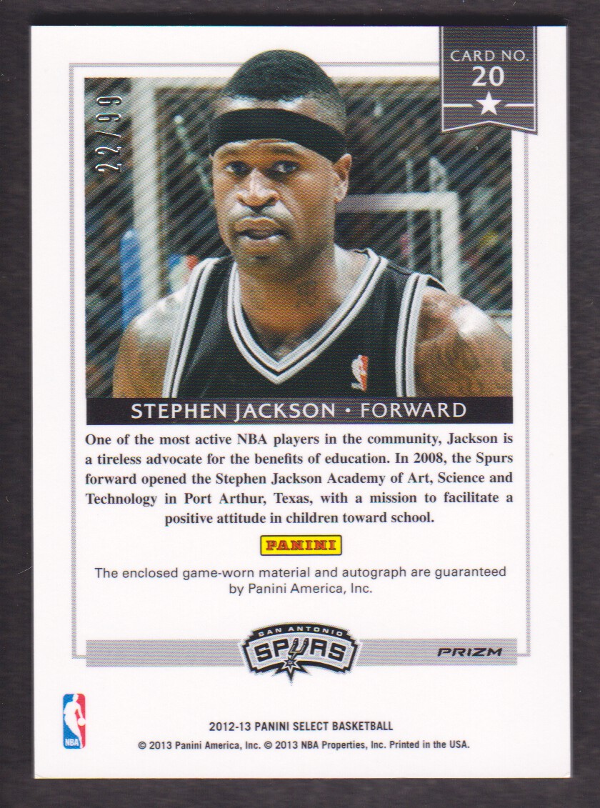 2012-13 Select Select Stars Jersey Autographs Prizms #20 Stephen Jackson/99 back image