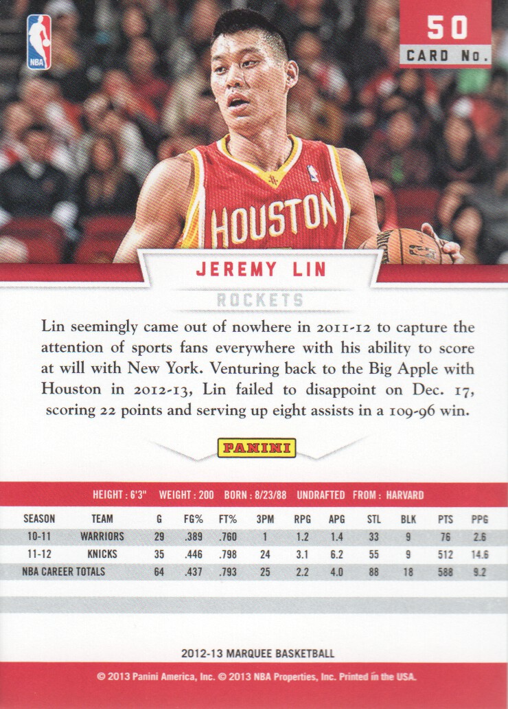 2012-13 Panini Marquee #50 Jeremy Lin back image