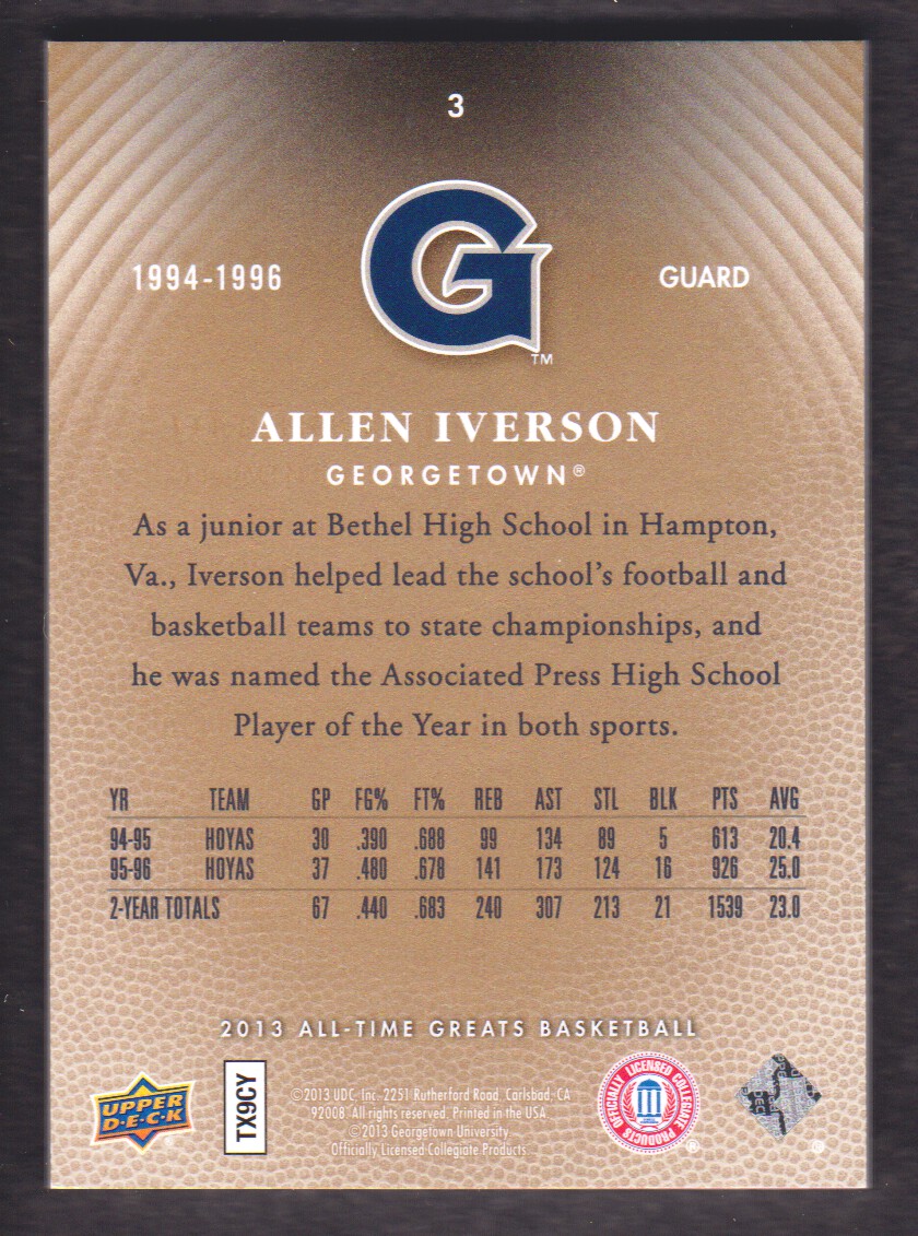 2013 Upper Deck All-Time Greats Gold #3 Allen Iverson back image