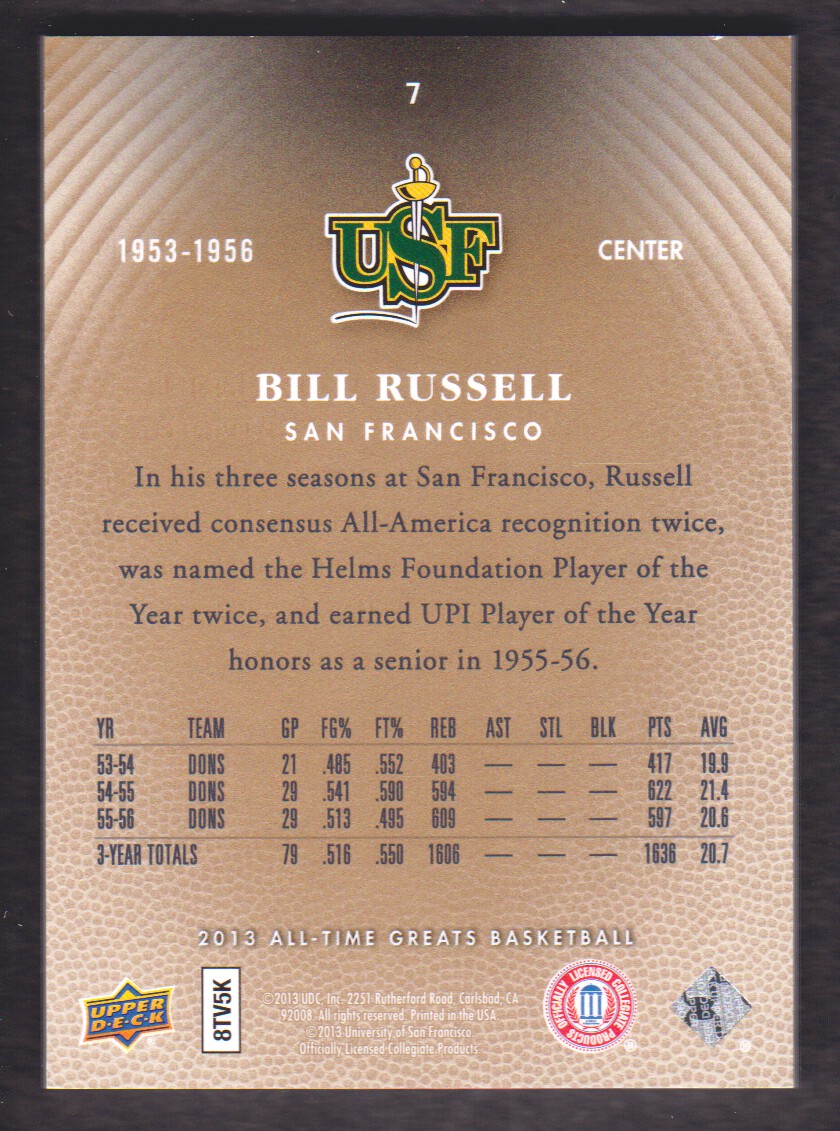 2013 Upper Deck All-Time Greats Gold #7 Bill Russell back image