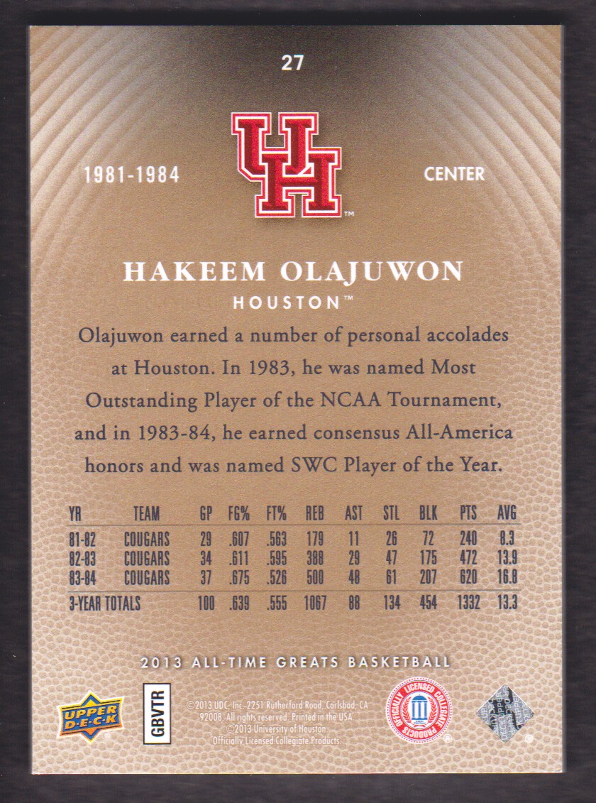 2013 Upper Deck All-Time Greats Gold #27 Hakeem Olajuwon back image