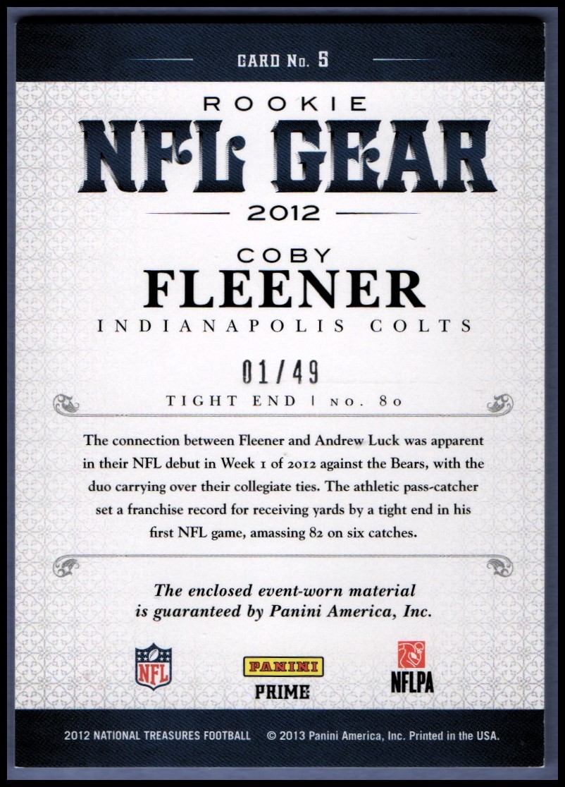 2012 Panini National Treasures NFL Gear Combos Prime #5 Coby Fleener back image