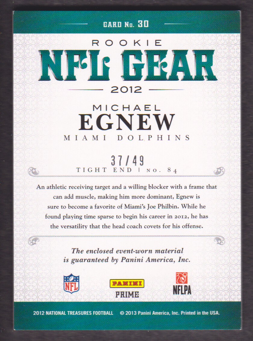 2012 Panini National Treasures NFL Gear Combos Prime #30 Michael Egnew back image