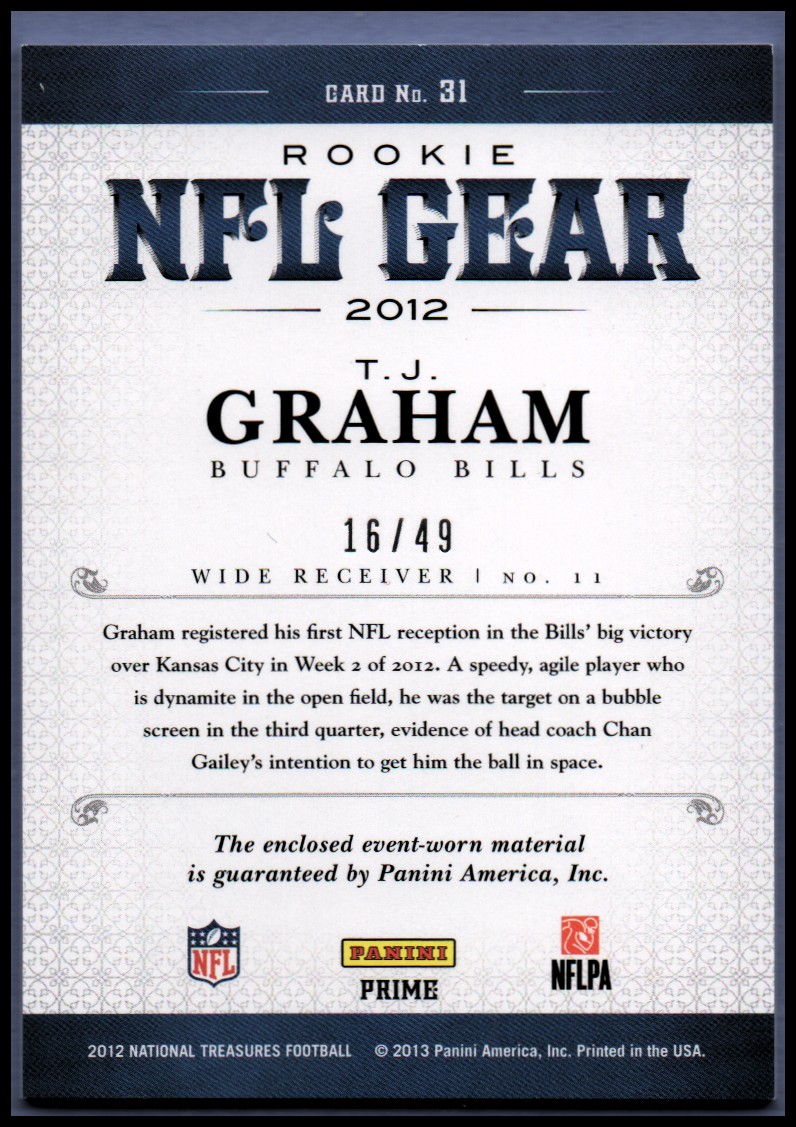 2012 Panini National Treasures NFL Gear Combos Prime #31 T.J. Graham back image