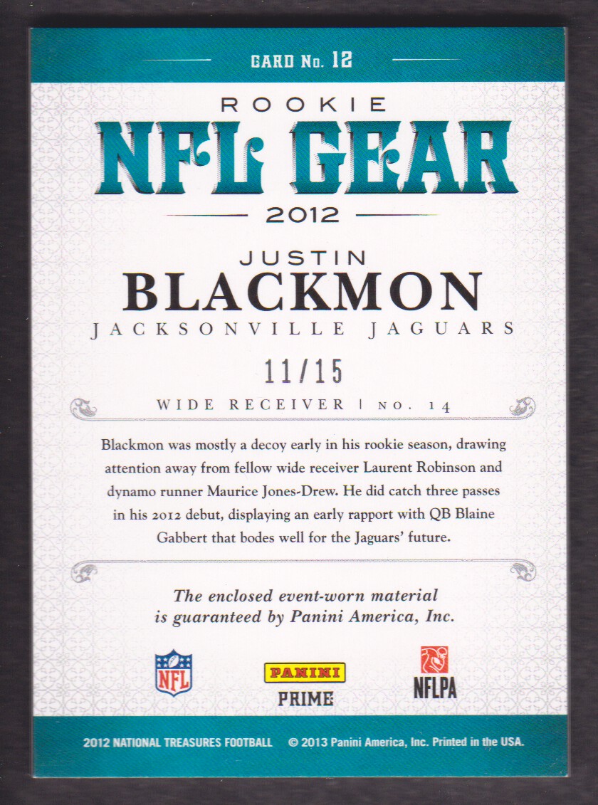 2012 Panini National Treasures NFL Gear Quad Prime #12 Justin Blackmon back image