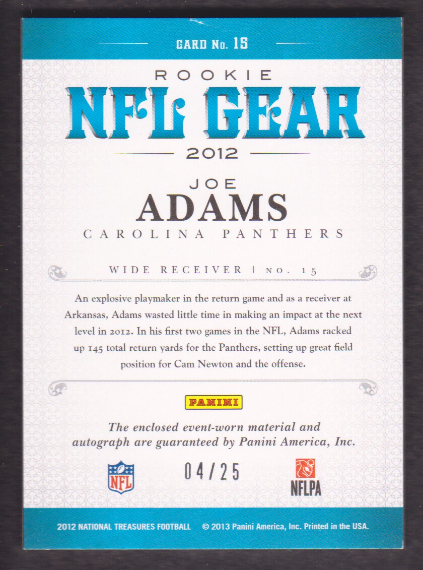 2012 Panini National Treasures NFL Gear Triple Signatures #15 Joe Adams back image