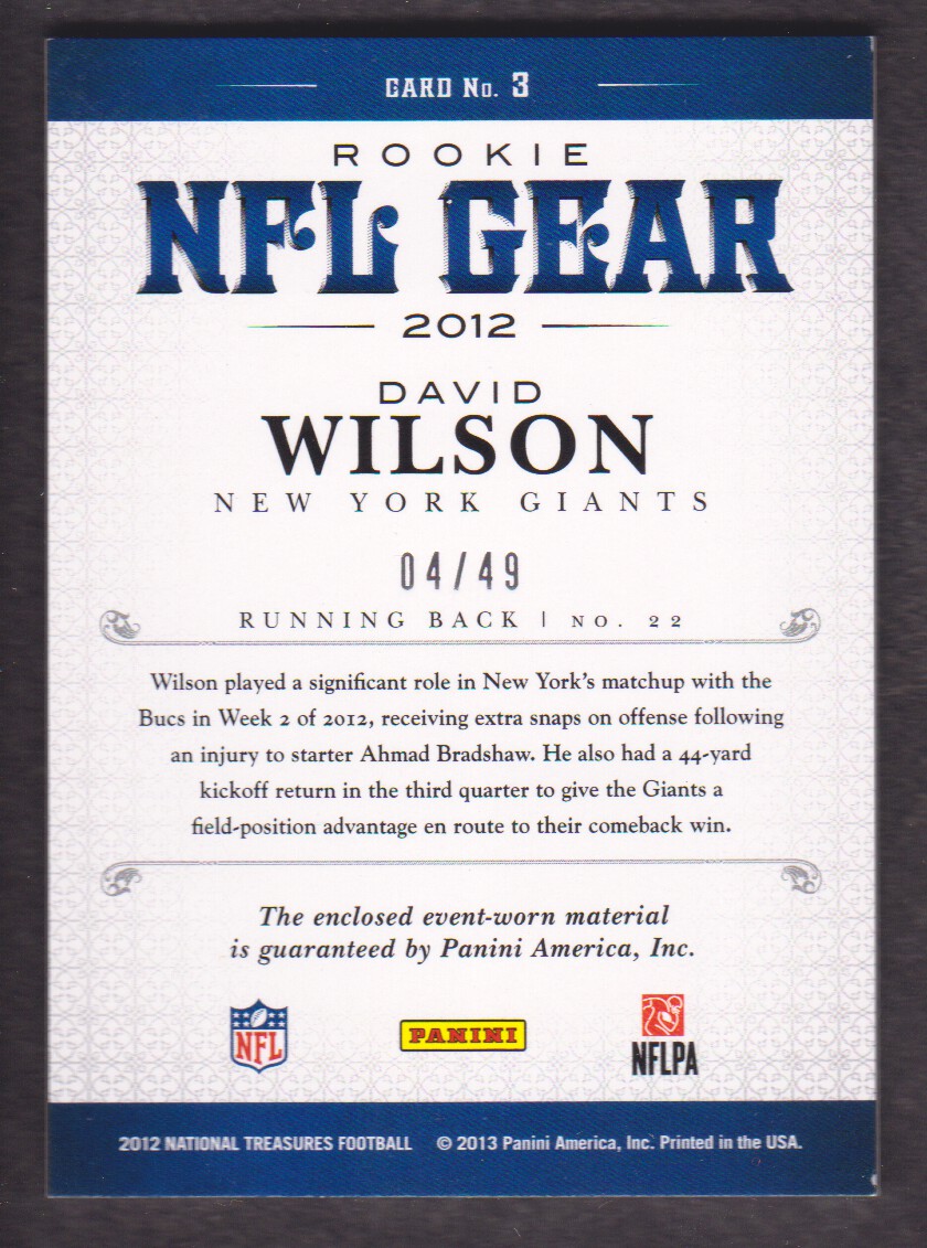 2012 Panini National Treasures NFL Gear Triple #3 David Wilson back image